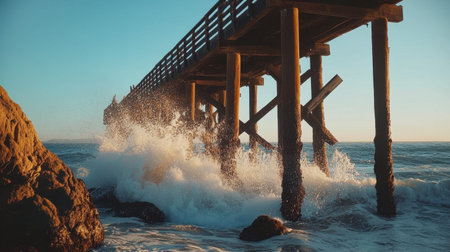 A stunning view of a wooden pier extending into the ocean during sunset, capturing the beauty of crashing waves against rocks, embodying tranquility and the essence of nature.の素材