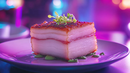 This visually stunning pork belly dish showcases a perfect golden-brown crispy top layer, layered with succulent meat and vibrant green garnish, ideal for food lovers.の素材