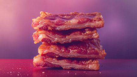 A visually appealing stack of crispy bacon strips sits against a vibrant pink and purple background. The soft lighting accentuates the texture, making it ideal for food-related content.の素材
