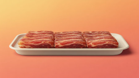 Fresh raw bacon strips displayed on a white plate set against a vibrant gradient background, perfect for culinary projects or food-related media.の素材