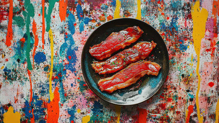 A vibrant plate of glazed meat strips serves as a visual feast against a colorful abstract background, highlighting delicious culinary artistry and presentation.の素材