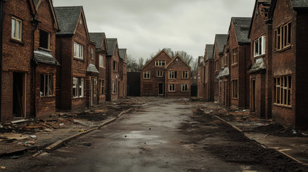 This image depicts an abandoned residential neighborhood featuring derelict houses and empty streets under a gloomy sky. The desolate environment evokes a sense of isolation and neglect, perfect for themes of decay and urban exploration.の素材