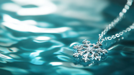 A stunning silver snowflake pendant necklace rests gracefully on a serene water surface, creating a captivating scene filled with shimmering reflections and artistic elegance.の素材