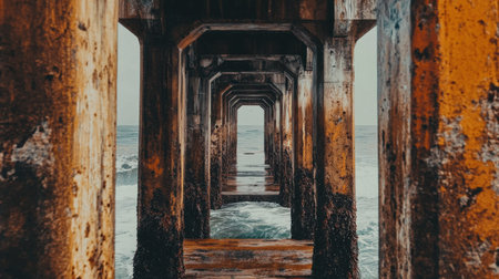 A captivating image depicting a weathered pier with columns leading to the tranquil ocean, showcasing a serene coastal atmosphere on a cloudy day.の素材