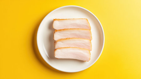 A visually appealing display of freshly sliced smoked meat arranged on a white plate, set against a vibrant yellow background, perfect for food photography and culinary art.の素材
