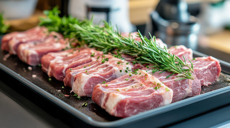 A vibrant display of fresh raw pork chops garnished with green rosemary sprigs on a black tray, perfect for meal preparations and cooking.の素材