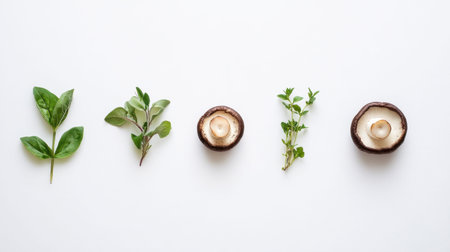 This image features a visually appealing arrangement of fresh herbs and sliced mushrooms on a clean white background, ideal for cooking-related projects.の素材