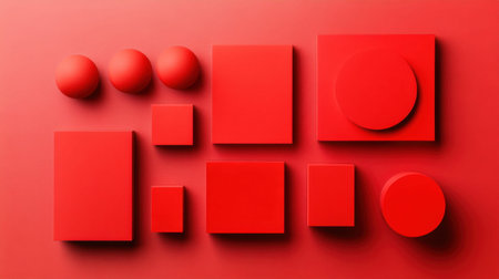 Explore a collection of vibrant red geometric shapes including circles, squares, and spheres, artistically arranged on a red background to evoke minimalism and creativity.の素材