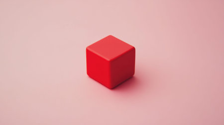 A vibrant red cube set against a soft pink background, creating a striking visual contrast. Perfect for artistic and design projects that need simplicity and color.の素材