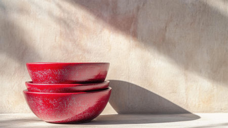 A visually striking composition of three stacked red bowls showcasing a unique texture, casting dynamic shadows on a light background for a modern aesthetic.の素材