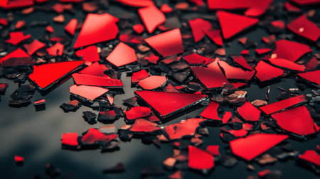 This striking image features scattered red glass fragments reflecting on a calm water surface, creating an engaging interplay of color and texture.の素材