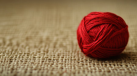 This close-up image features a soft red yarn ball resting on a natural fabric background, ideal for showcasing crafting projects and artistic endeavors.の素材
