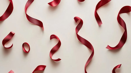 A collection of red silk ribbons curling and flowing elegantly on a soft background, perfect for various craft projects and festive celebrations.の素材