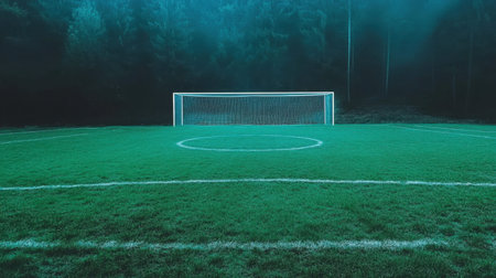 A tranquil soccer field shrouded in fog presents a fresh green landscape, featuring a well-maintained goalpost and soft grass, ideal for sports enthusiasts.の素材