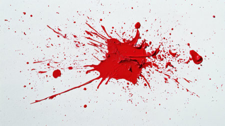 A dynamic splash of vivid red paint on a white canvas creates an eye-catching abstract scene. The energetic texture evokes creativity and artistry.の素材