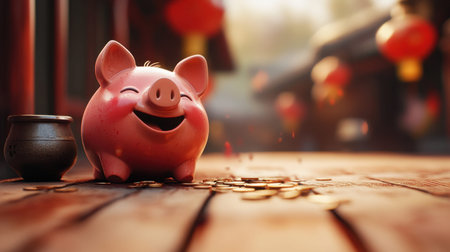 A delightful piggy bank with a cheerful smile sits among scattered coins, capturing a festive vibe with charming lanterns in the background.の素材