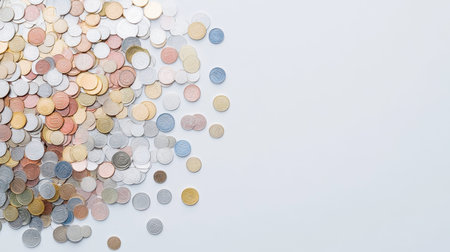 An assortment of various coins arranged casually on a light background. Different sizes, colors, and textures show the diversity of currency and finance. Perfect for illustrating economic concepts and themes related to commerce.の素材
