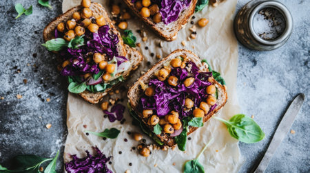 Enjoy a delightful open-faced sandwich topped with nutritious chickpeas and vibrant purple cabbage on rustic bread, perfect for a healthy lunch.の素材