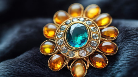 This exquisite vintage brooch features a stunning turquoise centerpiece surrounded by amber gemstones, resting on a soft dark fabric, showcasing elegance.の素材