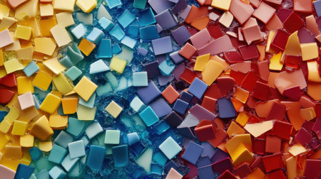 A vibrant and artistic arrangement of colorful mosaic tiles in various shapes and bright shades, creating an eye-catching surface that inspires creativity.の素材