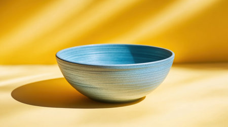 A captivating blue ceramic bowl rests on a yellow background, showcasing its smooth texture and vibrant colors. The bright lighting emphasizes the bowl's elegant form, making it a perfect piece for any culinary or decorative purpose.の素材