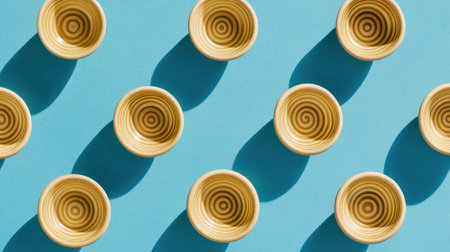 This image showcases a striking arrangement of round wooden bowls on a vivid turquoise background, highlighting their spiral patterns and playful shadows.の素材