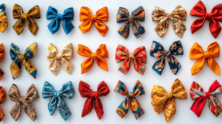 This image showcases a vibrant collection of decorative bows in various colors and patterns arranged neatly on a white background, perfect for design inspiration.の素材
