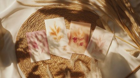 A charming collection of dried flower illustrations displayed elegantly on a rustic textured surface, capturing the essence of nature in a cozy and artistic arrangement.の素材