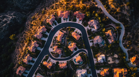 This stunning aerial image captures modern residential homes in a curved layout, surrounded by lush greenery. The warm sunset light enhances the serene beauty of suburban living.の素材