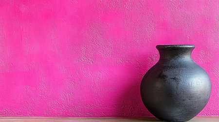This image features a sleek black vase elegantly positioned against a bright pink background, ideal for modern interior design projects.の素材