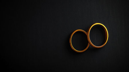 Two elegant gold wedding rings sit gracefully on a dark surface, symbolizing love and commitment. This intimate arrangement captures the essence of romance and partnership, perfect for wedding themes.の素材
