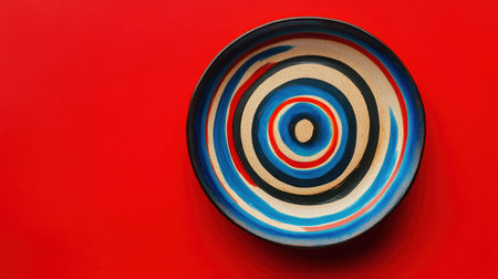 This image features a beautifully crafted ceramic plate with a vibrant spiral design, showcasing artistic flair against a bright red backdrop. Perfect for decoration.の素材