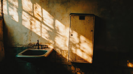 This image captures an abandoned bathroom featuring a rustic sink and cabinet, with sunlight casting intricate shadows across the weathered walls, evoking a sense of solitude.の素材