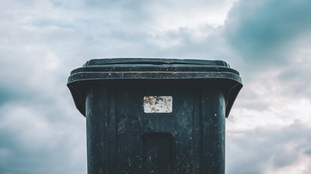 A black trash bin stands prominently against a backdrop of dramatic clouds, symbolizing urban life and waste management challenges in a modern environment.の素材