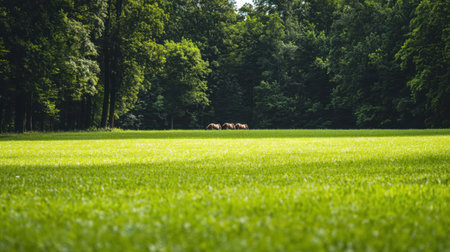 A serene meadow scene featuring grazing animals among rich green grass, framed by a backdrop of lush trees, evoking peace in nature.の素材