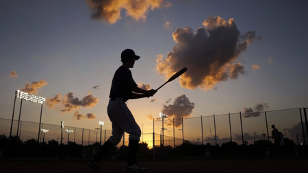 A silhouette of a young baseball player poised to swing a bat during late evening practice while a stunning sunset and clouds create a dramatic backdrop.の素材