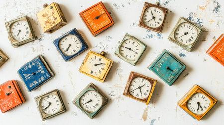 A captivating arrangement of vintage clocks in various colors on a rustic surface, perfect for showcasing timeless design, nostalgia, and decorative charm.の素材