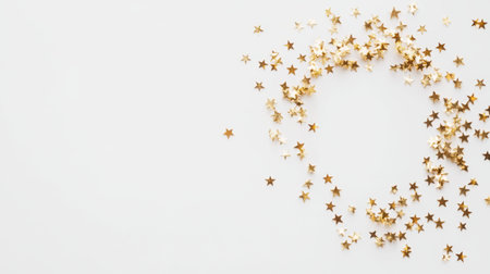 This vibrant image features scattered gold star confetti on a clean white background, perfect for enhancing creative projects and festive celebrations.の素材