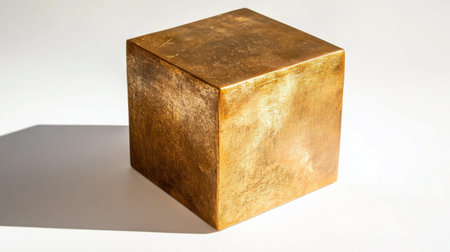 This stunning golden cube sculpture features a textured surface, beautifully casting shadows on a light background, perfect for modern decor.の素材