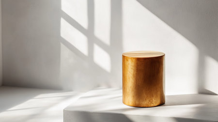 A stylish gold cylinder rests on a minimalist white surface, enhanced by soft shadows and natural light, creating a serene and elegant atmosphere in a modern space.の素材