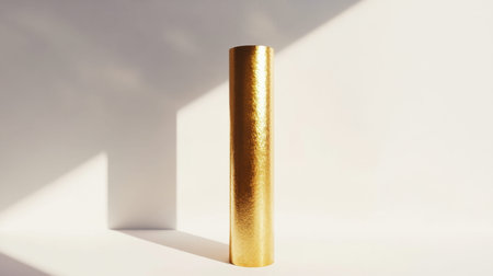 A beautiful golden cylinder stands tall against a minimalist backdrop, showcasing a stunning metallic texture illuminated by soft light and shadows.の素材