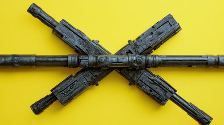 A striking arrangement of crossed vintage sci-fi weapons set against a bright yellow background, showcasing intricate details and textures. Ideal for creative projects, illustrations, and artistic concepts.の素材