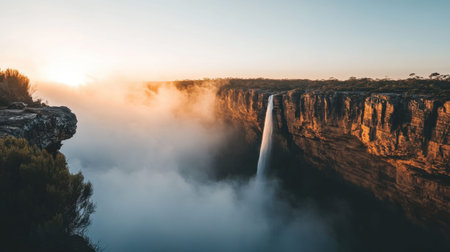 Spectacular view of a waterfall flowing down rocky cliffs, enveloped in mist with the warm glow of the sunrise illuminating the landscape.の素材