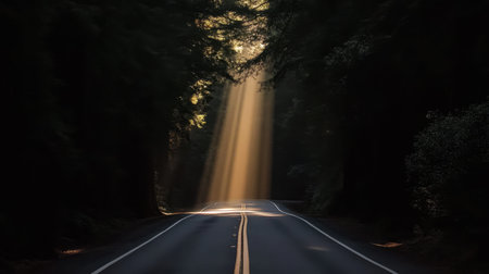 A tranquil forest road surrounded by towering trees, beautifully illuminated by soft rays of sunlight, creates an enchanting atmosphere perfect for nature lovers.の素材