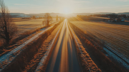 A stunning view of an open road at sunrise, surrounded by golden fields and trees, creating a peaceful and tranquil autumn landscape perfect for travel lovers.の素材