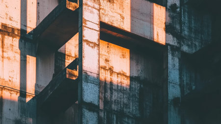 Captivating abstract view of a concrete structure emphasizing character through light and shadow interplay, showcasing urban design elements and textures.の素材