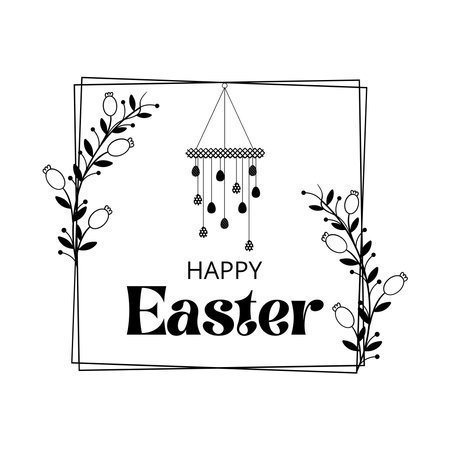 happy easter label with flowers and leafs vector illustration desingのイラスト素材