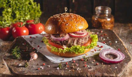 Homemade hamburger with fresh vegetables on rustic wooden background.の素材