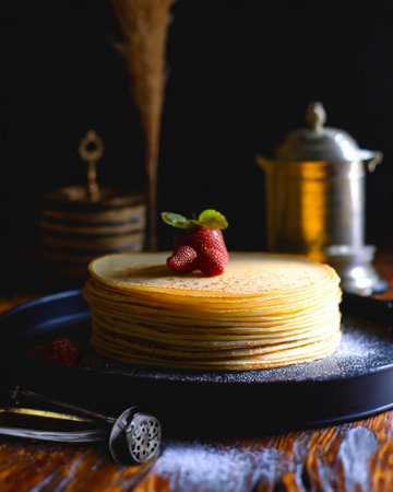 pancakes with strawberry on a dark background, food closeupの素材