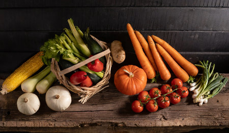 Fresh vegetables on rustic wooden background, healthy eating and dieting conceptの素材